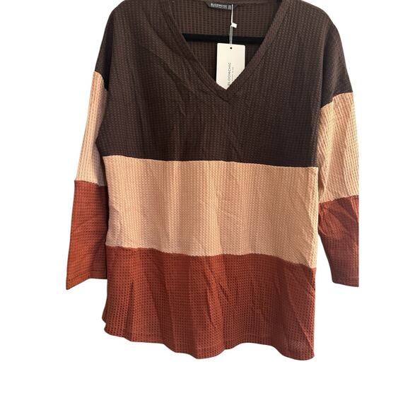 NWT Bloomchic 12 Waffle Vneck Colorblock Brown Rust Beige Long Sleeve Top #3620 - Picture 5 of 11